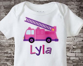 Girly Pink and Purple Fire Truck Shirt or Onesie Personalized with childs name daughter of a Fireman Shirt 03052012a