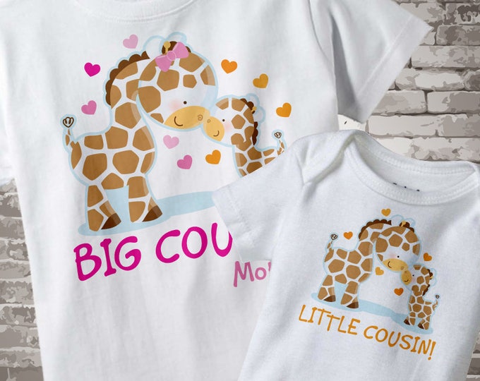 Set of Two Personalized Big Cousin Little Cousin Giraffes Shirt and Onesie Big Girl Cousin and Little Unknown Gender Cousin Onesie 03052014c