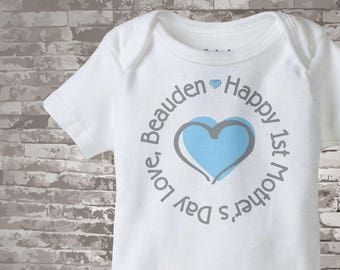First Mother's Day Onesie, 1st Mother's Day Onsie - Blue Heart Shirt or Onesie, New Mom Gift - Boy's First Mother's Day Outfit - 04262012a