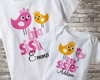 Big Sister Little Sister Outfits - Matching Sibling Set of 2 - Matching Outfits - Pink Orange Birds - Price is for Both Items 12222011a