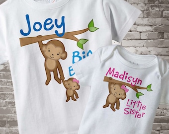 Big Brother Little Sister Shirt set of 2, Sibling Shirt, Personalized Tshirt with Cute Monkeys 01292014gx