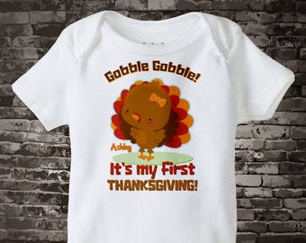 First Thanksgiving Outfit, Girl's Personalized outfit, 1st Thanksgiving Onesie or T Shirt design with cute Turkey 11112015d