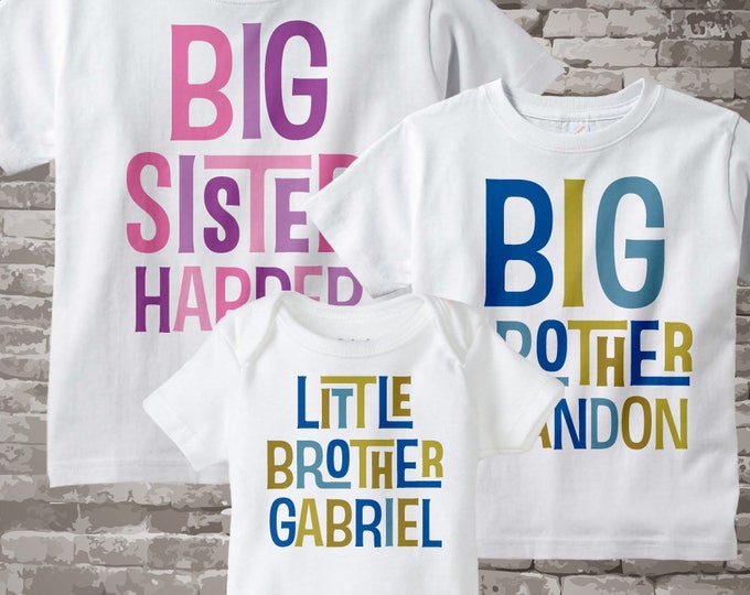 Set of Three, Personalized Big Sister, Big Brother Shirt, and Little Brother Shirt or Onesie Pregnancy Announcement 06212013b