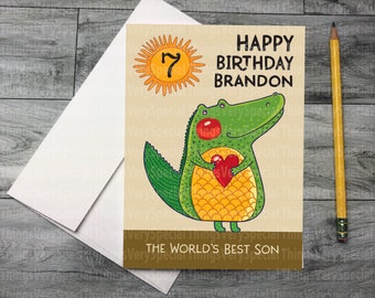 Birthday Card for 7 year old Son, 7th Birthday card for Son, Personalized Dinosaur Birthday Card 12232020b