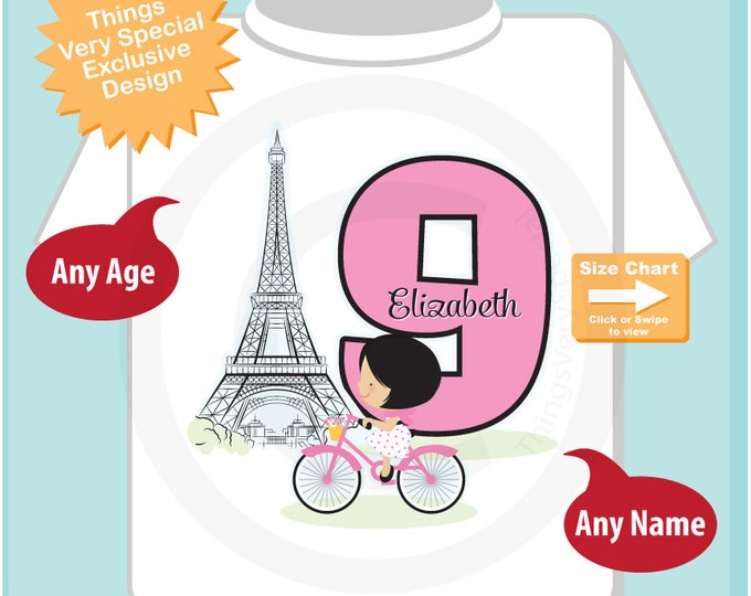 Ninth Paris Birthday Shirt, Pink 9 Birthday Shirt, Personalized Girls Birthday Shirt Pink Age and Name Tee for kids (01262015a)