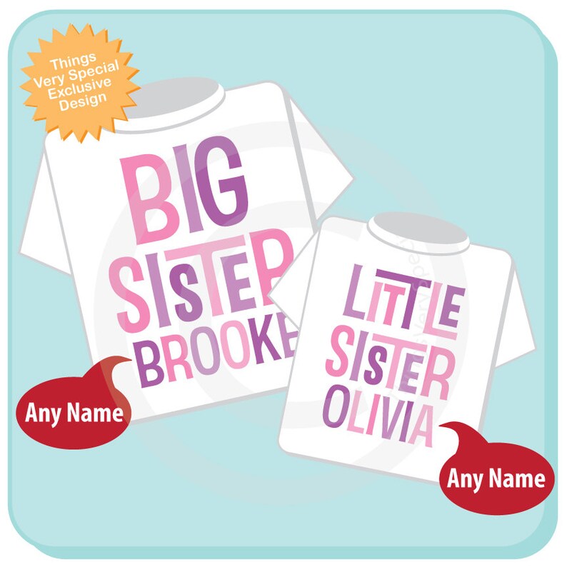 Sibling Shirt Big Sister Little Sister Shirt set of 2 Personalized Tshirt with Pink and Purple Letters 12082011d