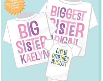 Set of Three, Biggest Sister, Big Sister Shirt, and Little Brother Shirt or Onesie Set, Personalized Pregnancy Announcement (02272014d)