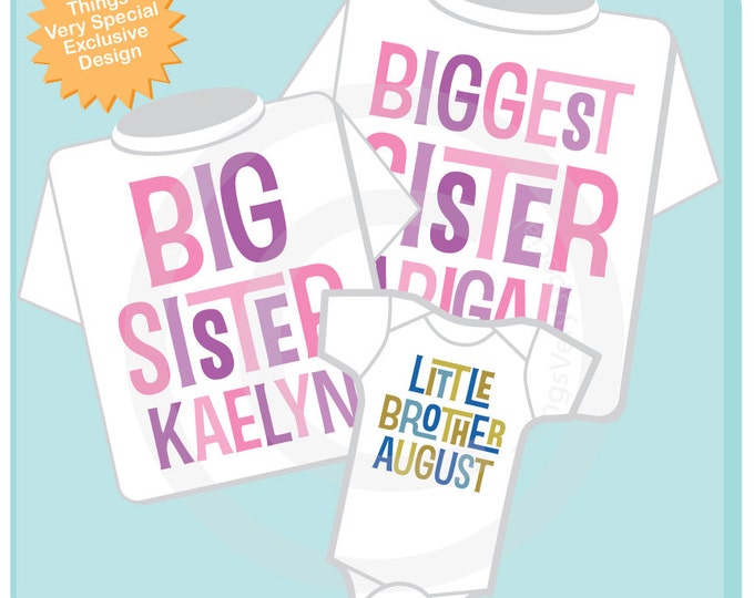 Set of Three, Biggest Sister, Big Sister Shirt, and Little Brother Shirt or Onesie Set, Personalized Pregnancy Announcement (02272014d)