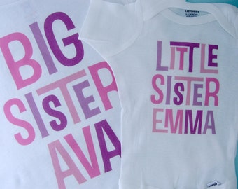 Big Sister Little Sister Outfits Shirt set of 2, Sibling Shirt, Personalized Tshirt with Pink and Purple Letters (12082011d)