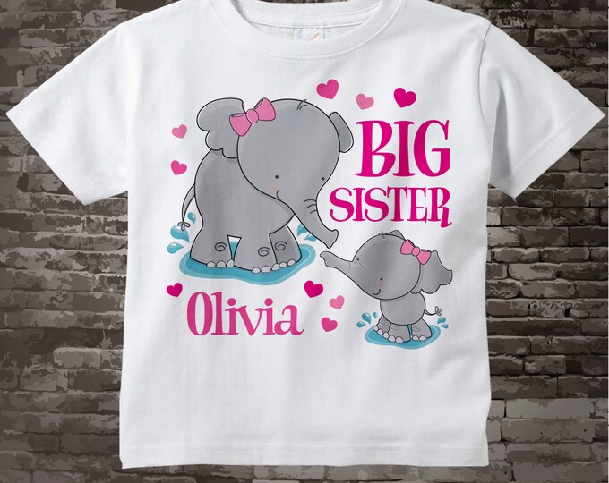Elephant Big Sister T-shirt or Onesie Bodysuit with Pink writing and showing a baby girl elephant 03232012b