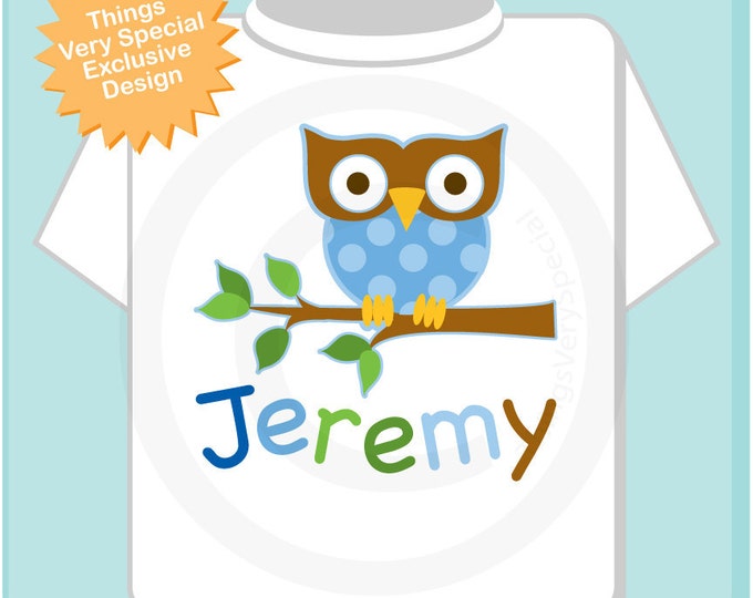 Personalized Kids - Boy Owl Shirt or Onesie with Child's Name - Blue owl for boys 04132012a