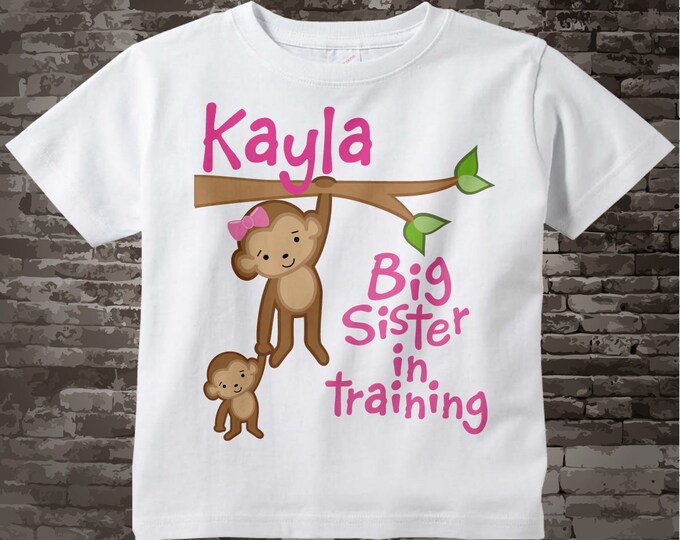 Big Sister in Training Shirt or Onesie, Monkey Shirt, Personalized Big Sister with Baby Monkey Tee Shirt 03232012c