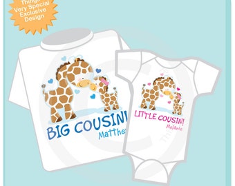 Set of Two Personalized Big Cousin and Little Cousin Giraffes Shirt, Big Boy Cousin and Little Girl Cousin Onesie (02172014a)