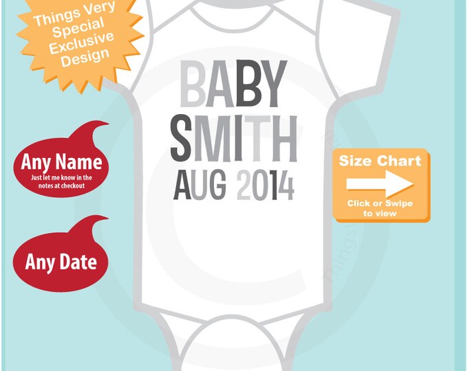 Neutral Baby Onesie or Tee Shirt with Family last Name and Due Date - Pregnancy Announcement - Shades of Grey - 07152014b