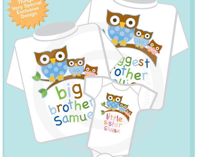 Set of 3 - Matching Sibling SET - Sibling Shirt Set - Owl Biggest Brother, Little Sister Matching Set of 3 - toddler sibling set (12272013c)