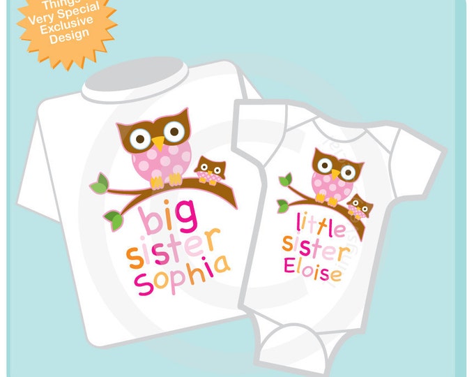 Big Sister Little Sister Outfits, Big and Little Sister Owl Onesie or Shirt Set Personalized Owl Tee Shirt or Onesie Set of Two (04192012a)