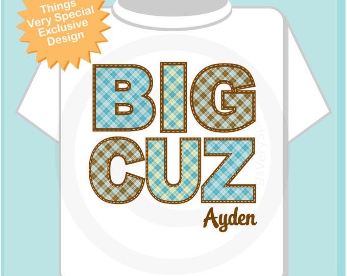 Boy's Big Cuz Cousin Shirt Personalized Infant, Plaid Toddler or Youth Tee Shirt or Onesie Pregnancy Announcement (11062012a)