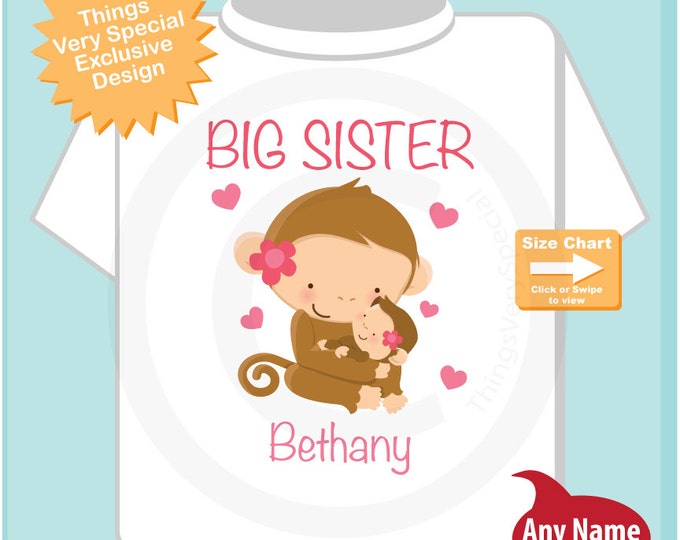 Big Sister Shirt or Onesie, Personalized, Monkey Shirt with Little Sister Girl Baby (10072014a)