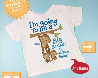 I'm going to be A Big Brother to Identical Twins Shirt or Onesie Monkey Shirt, Big Brother Monkey with twin babies, Personalized (02122015d)