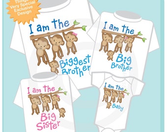 Set of Four Sibling Monkey Shirt and Onesie Set, I am the Biggest Brother Shirt, Big Brother, Big Sister and Baby 03022015a