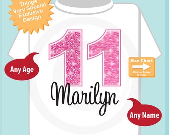 Eleventh Birthday Shirt, Pink 11 Birthday Shirt, Any Age Personalized Girls Birthday Shirt Pink Age and Name Tee for kids (11242014b)