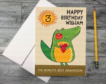 Birthday Card for 3 year old GrandSon, 3rd Birthday card for GrandSon, Personalized Dinosaur Birthday Card 12242020d
