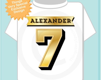 Seventh Birthday Shirt, Golden 7 Birthday t-Shirt, Any Age Personalized Boys Birthday Shirt Gold Color Age and Name Tee (12272013f)