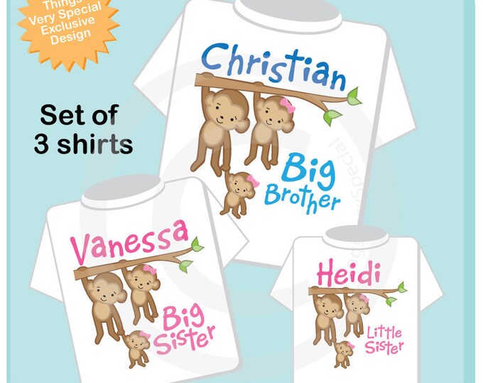 Sibling Monkey Shirt Set, Set of Three, Big Brother Shirt, Big Sister, and Little Sister,  Personalized Shirt or Onesie (05052014e)