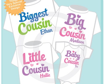 Set of Four Biggest Cousin, Big Cousin, Little Cousin and Baby Cousin Tee Shirts or Onesies (08122016b)