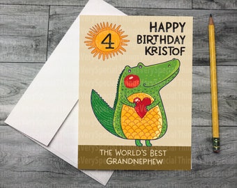 Birthday Card for 4 year old Grandnephew, 4th Birthday card for Grandnephew, Personalized Dinosaur Birthday Card 12282020d