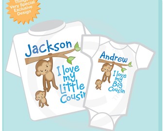 Set of Two I Love My Big Cousin and I Love My Little Cousin Monkey Boys Set of one tee and one onesie (06032012b)