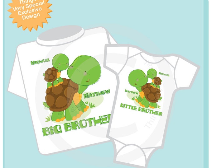 Personalized Set of 2 Big Brother and Little Brother Turtles Tee Shirts or Onesies (08312012c)