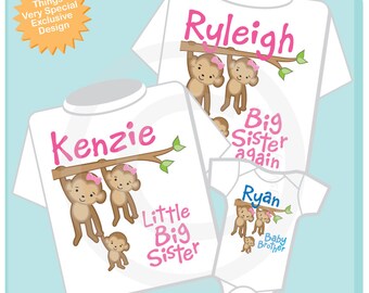 Sibling Monkey Shirt Set, Set of Three, Big Sister Again Shirt, Little Big Sister, Baby Brother, Personalized Shirt or Onesie (10122012a)