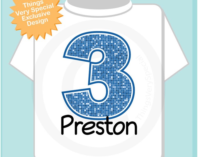 Third Birthday Shirt, Blue Number 3 3rd Birthday tShirt, Personalized Boys Birthday Outfit, Blue Age and Name Tee for kids (04272012a)