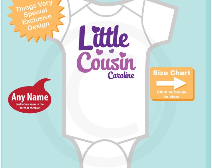 Little Cousin Purple Script Shirt or Onesie, Personalized Infant, Toddler or Youth Tee Shirt or Onesie Pregnancy Announcement (07302014b)