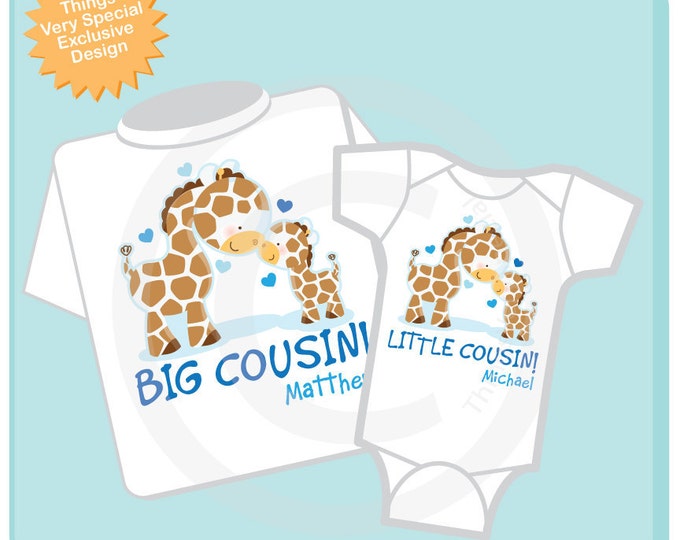 Set of Two Personalized Big Cousin and Little Cousin Giraffes Shirt, Big Boy Cousin and Little Boy Cousin Onesie (04042012a)