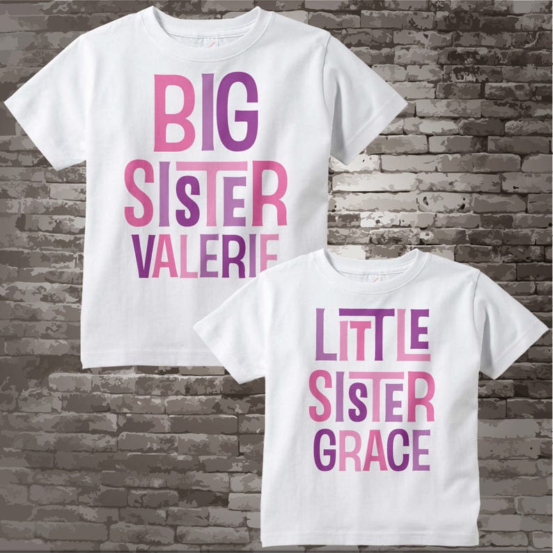 Sibling Shirt Big Sister Little Sister Shirt set of 2 Personalized Tshirt with Pink and Purple Letters 12082011d