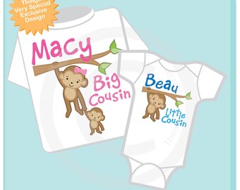 Set of two - Big Cousin Little Cousin t-Shirt and Onesie set - Personalized Monkey Jungle Theme Cousin girl and boy (04092013a)