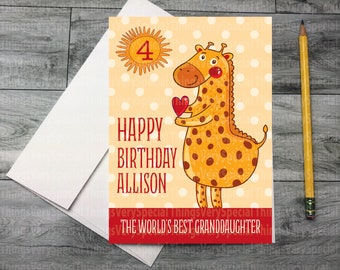 Birthday Card for 4 year old Granddaughter, 4th Birthday card for Granddaughter, Personalized Giraffe Birthday Card 02092021a4