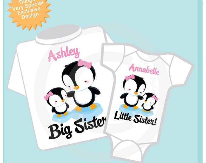 Big Sister Little Sister Shirt set of 2, Sibling Shirt, Personalized Tshirt with Cute Penguins (07202012g)