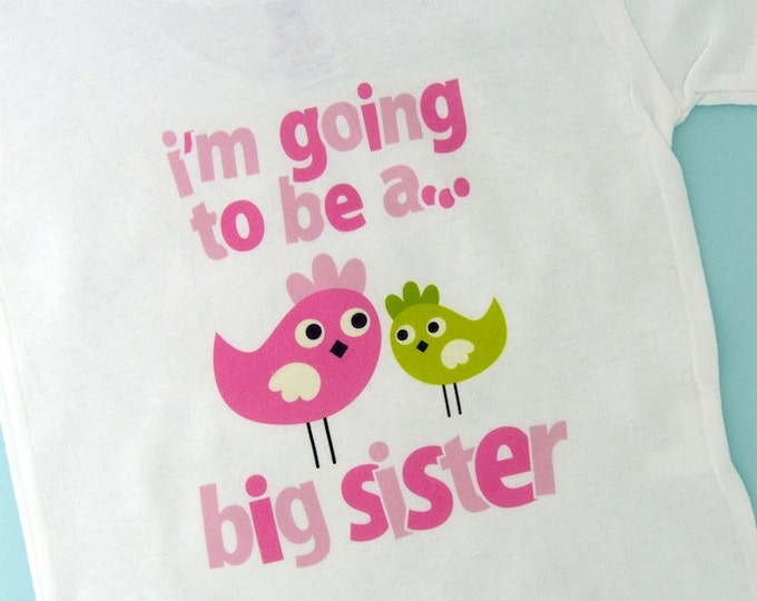 I'm Going to be a Big Sister Shirt or Onesie, Sister Bird Shirt, Sibling Shirt,  Big Sister Tshirt with Cute Pink Green Birdies (12082011a)