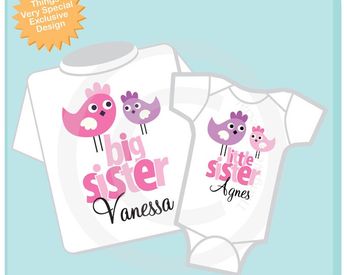 Big Sister Little Sister Shirt set of 2, Sister Bird Shirt, Sibling Shirt, Personalized Tshirt with Cute Pink and Purple Birdies (12312012a)