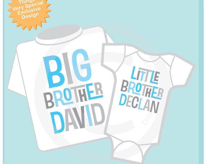 Matching Big Brother Little Brother Shirt set of 2, Sibling Shirt, Personalized Tshirt with Light Blue and Grey Letters (08302013a)