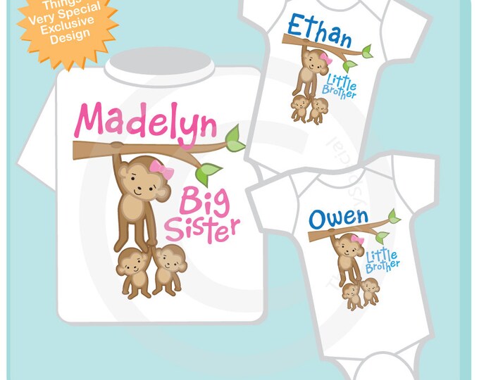 Sibling Monkey Shirt Set, Set of Three, Big Sister Shirt, Big Sister, and Twin Babies,  Personalized Shirt or Onesie (03152013a)