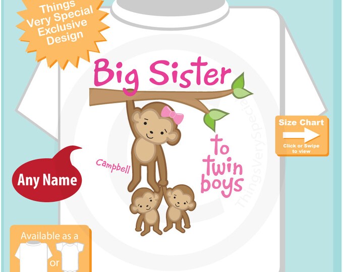 Girl's Big Sister to Twin boys Shirt or Onesie, Monkey Shirt, Sister Monkey with twin boy babies, Personalized Big Sister (09282015f)