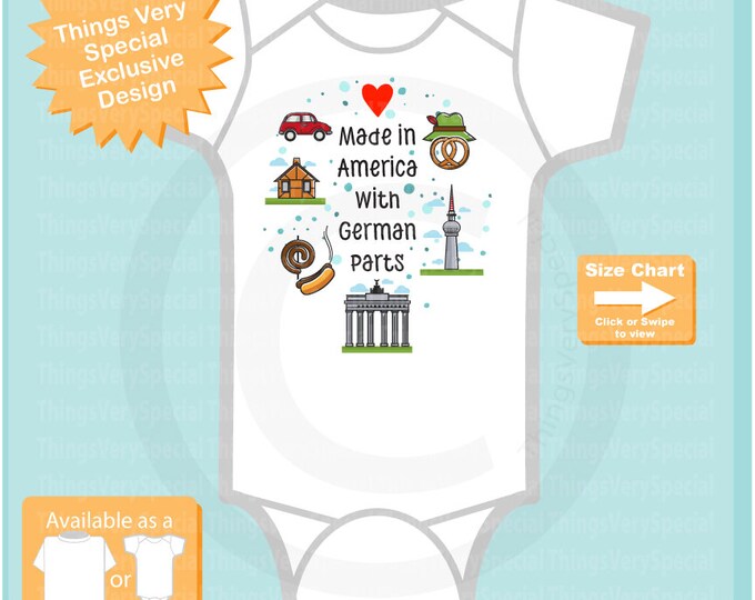 Made in America with German Parts Onesie Bodysuit or T-shirt with German landmarks and art Coming Home Outfit top 01172024a