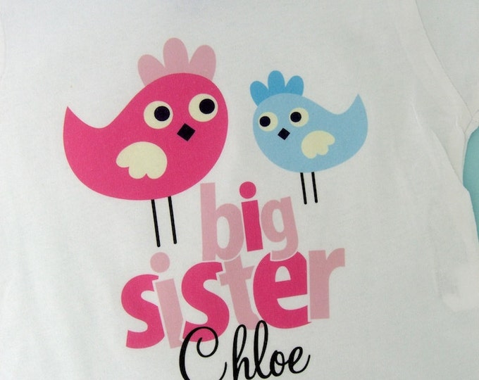 Big Sister Shirt, Personalized Big Sister Shirt, Pink Bird t-shirt or Onesie with Little Brother birdies (12122011a)