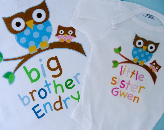 Big Brother Shirt, and Little Sister Owl Onesie or Shirt Set Personalized Owl Tee Shirt or Onesie Set of Two (02262014d)