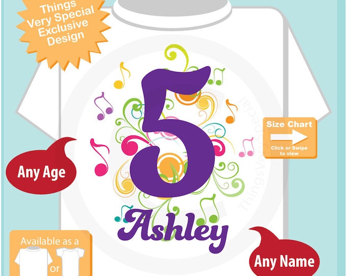 5th Birthday Shirt, Music Themed Fifth Birthday Shirt, Number 5, Personalized Girls Birthday T-shirt, Three Year Old Kids Tee (07132015a)