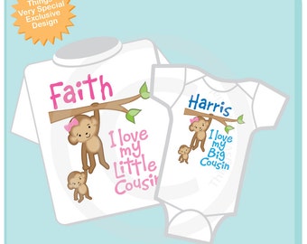 Set of Two I Love My Big Cousin and I Love My Little Cousin Monkey Girl and Boy Set of one tee and one onesie (08222012b)